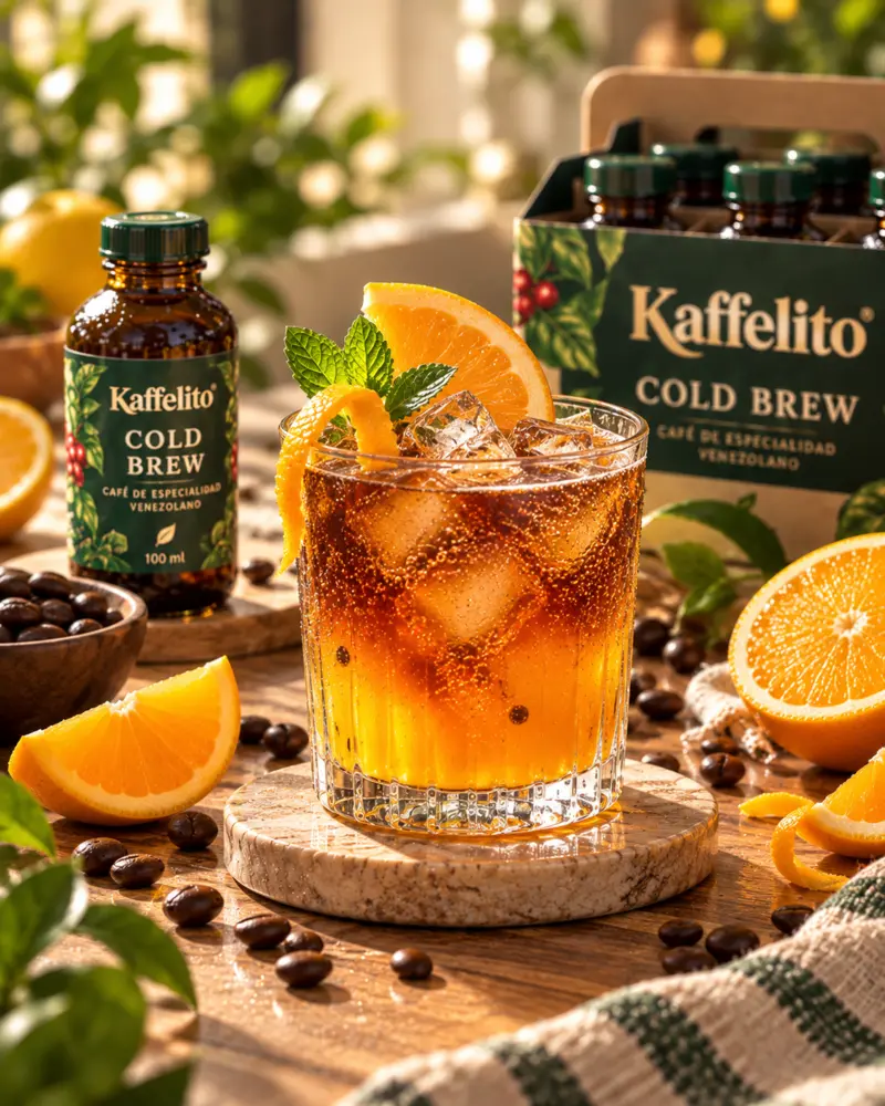 Vaso de Naranja Brillante con cold brew Kaffelito, hielo y naranja