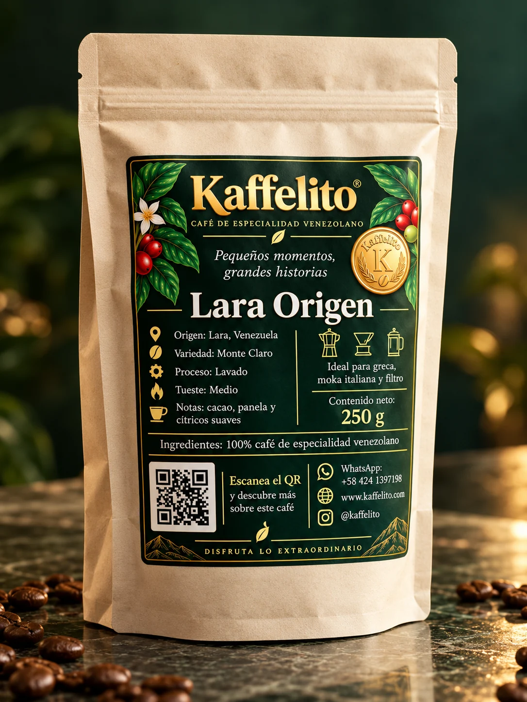 Bolsa Kaffelito Lara Origen de café venezolano de especialidad, 250 g